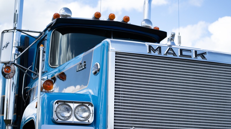 Close-up shot of a Mack Truck's grille