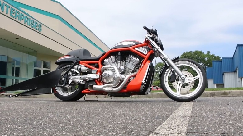 A black and red V-Rod Destroyer against a cloudy background