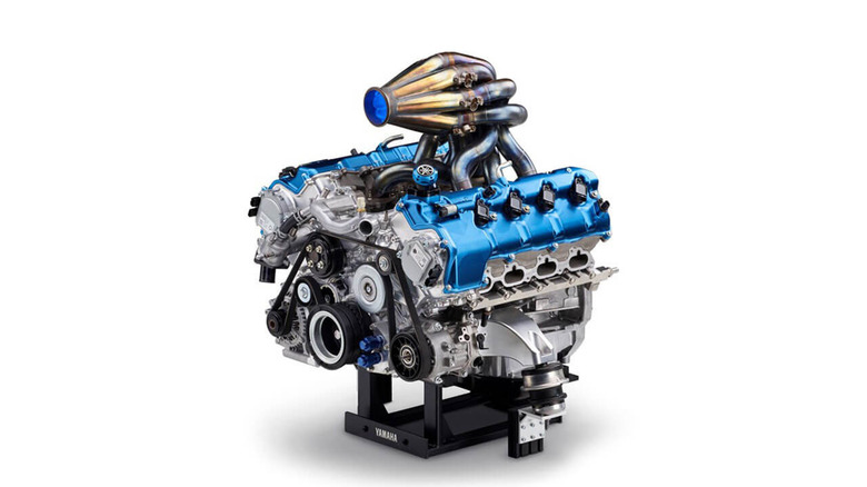 Toyota and Yamaha's hydrogen-powered V8 engine against a white background, front 3/4 view