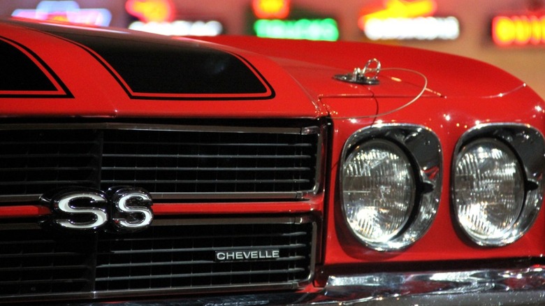 Front view of the Chevrolet Chevelle SS with emblem, lights, and grill.