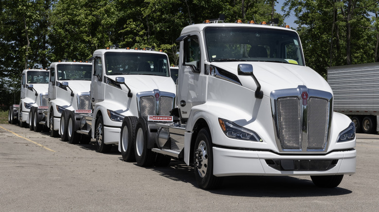 Front 3/4 shot of four white Kenworth T680 semi-trucks parked one after another.