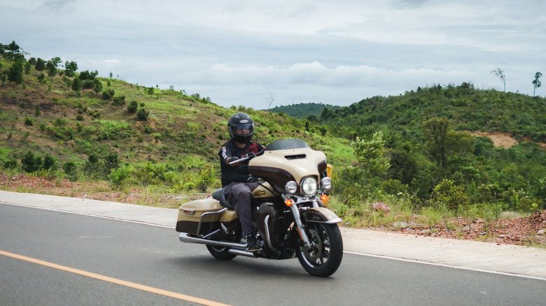 Harley Davidson Softail model in motion on the city road