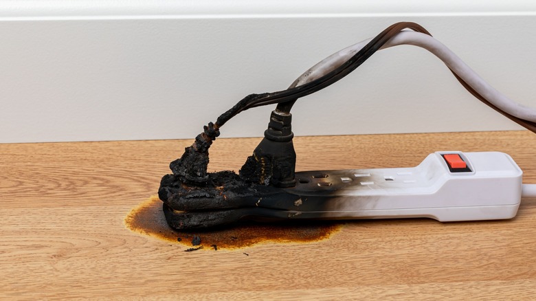 Blackened and melted plastic power strip with two melted cords plugged in