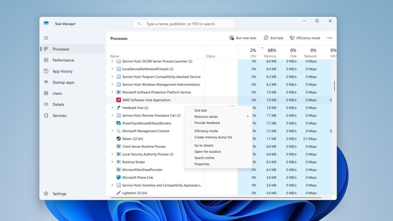 Process tab of the Windows Task Manager.
