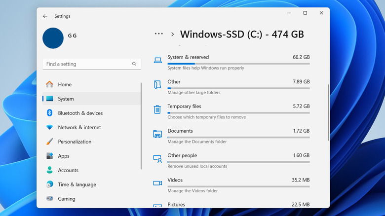 Windows 11 Settings app storage menu