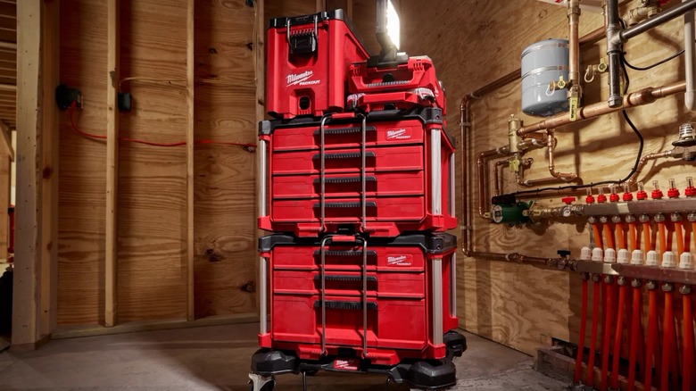 Various Milwaukee Packout containers stacked