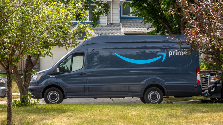 A parked Amazon Prime delivery van in front of lawn