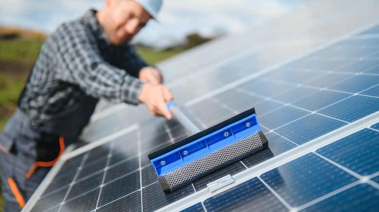 A man cleaning solar panels.