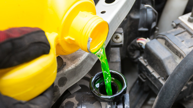 Pouring fresh coolant in the radiator