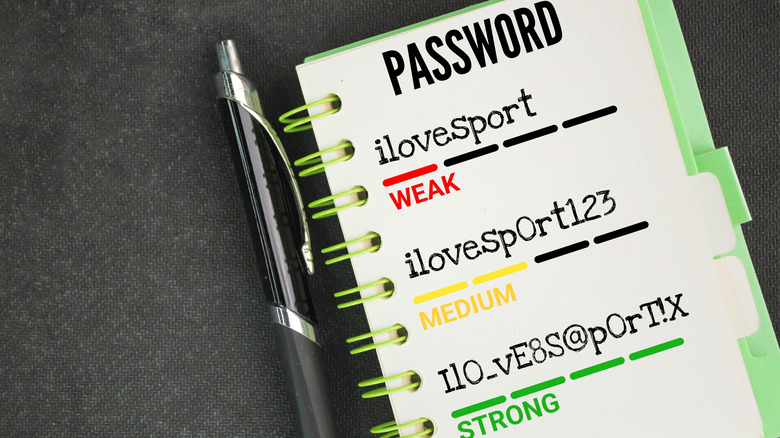 A notebook outlining three password strengths: weak, medium and strong passwords.