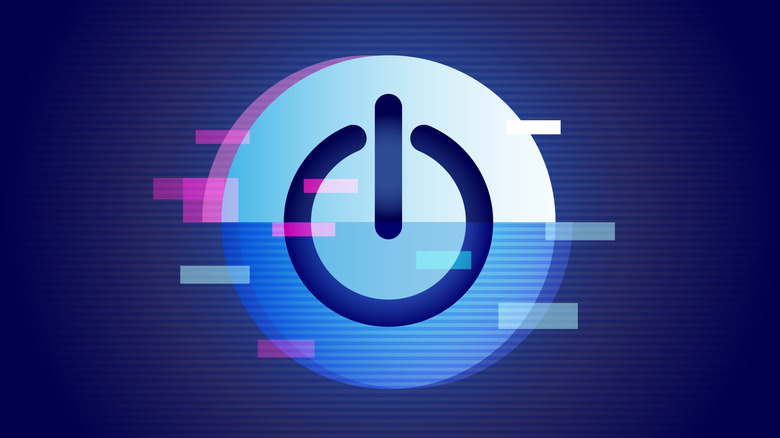 A colorful illustration of the power button icon, with glitched out effects