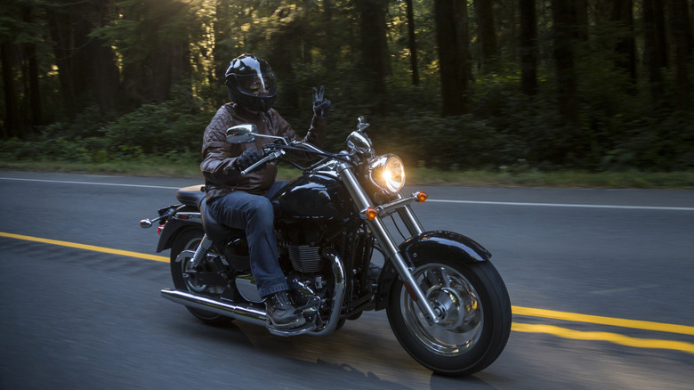A person riding a motorcycle down a forest road.