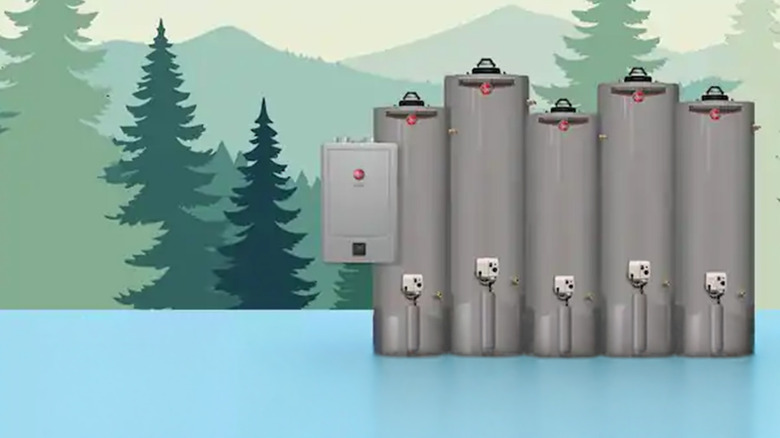 A series of Rheem water heaters against a forest background