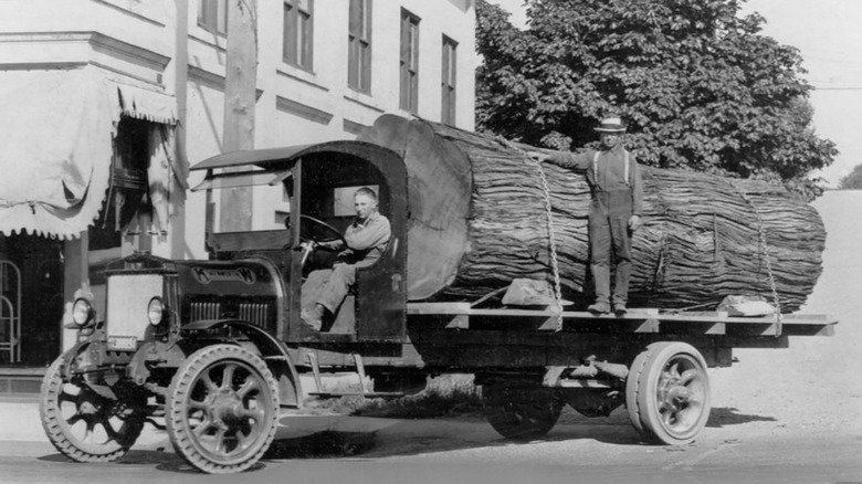 Front 3/4 shot of a parked Kenworth logging truck carrying a big log