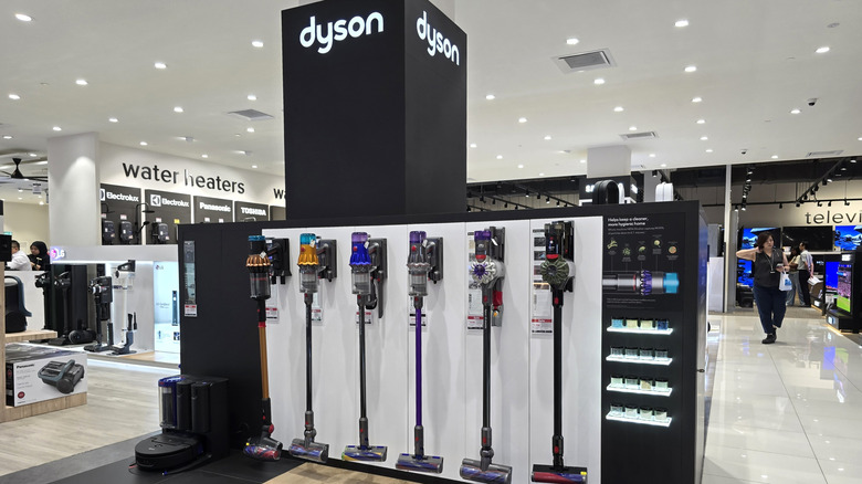 Lineup of Dyson vacuums in store