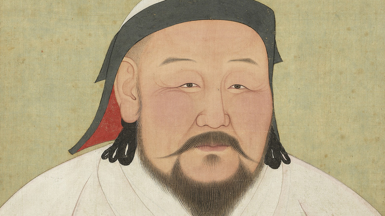 Painted portrait of Kublai Khan in white robes, ink dye on silk