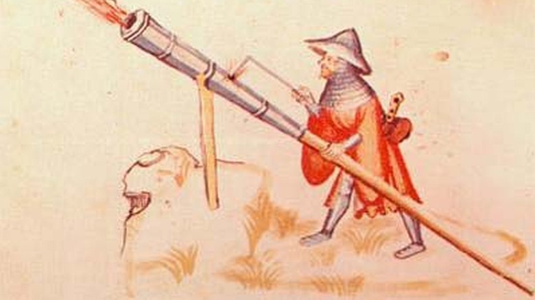 Illustration of early hand cannon fired from a stand with matchlock