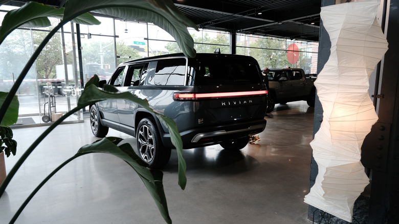 Rear 3/4 view of the Rivian R1S with a decorative plant in the foreground, light bar on