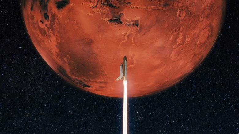 Space shuttle taking off with Mars in background