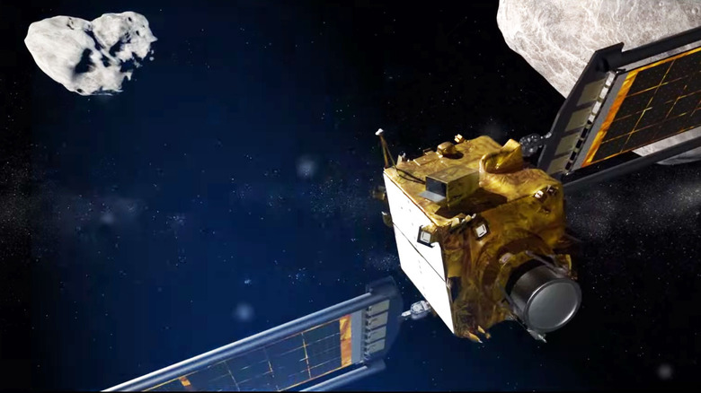 artist render of DART hurtling through space toward the Dimorphos asteriod