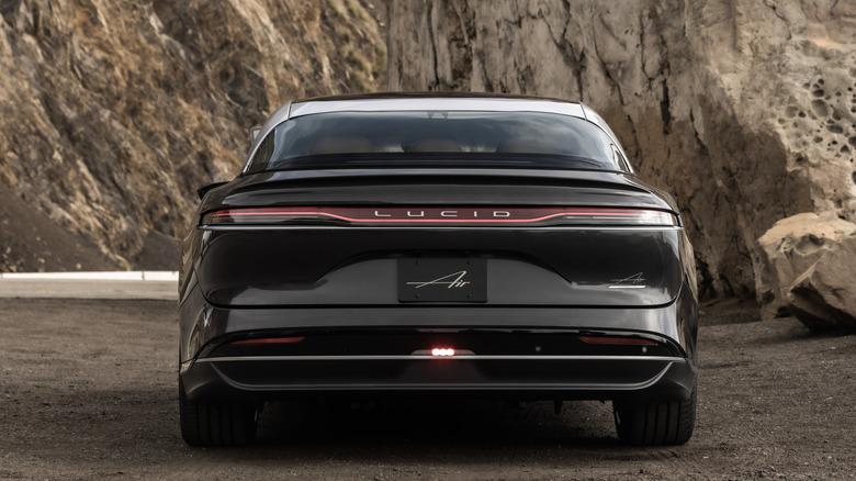 2023 Lucid Air rear end, parked on volcanic sand