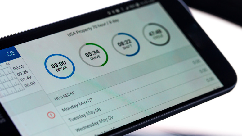 A close-up of an electronic logging device (ELD) screen.