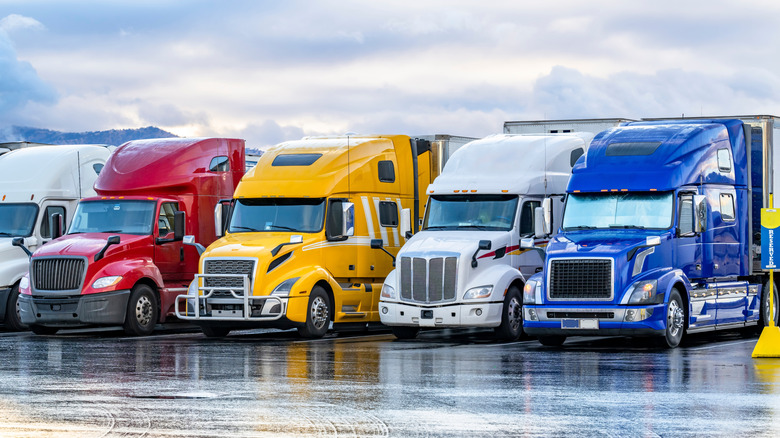 A row of colorful semi-trucks parked side by side in a truck stop lot.