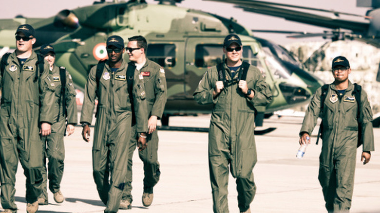 A U.S. Air Force C-17 team returning after finishing off their day's last flying display