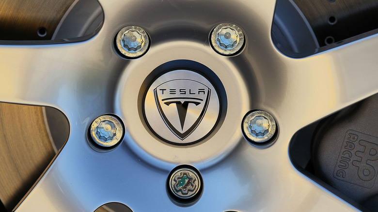 Close up of Tesla on Tesla wheel