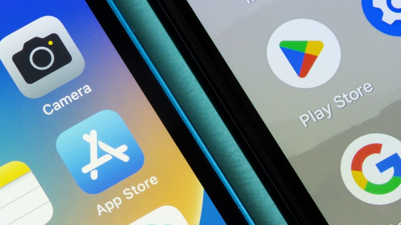 Apple App Store and Google Play Store icons are seen respectively on an iPhone and a Google Pixel smartphone