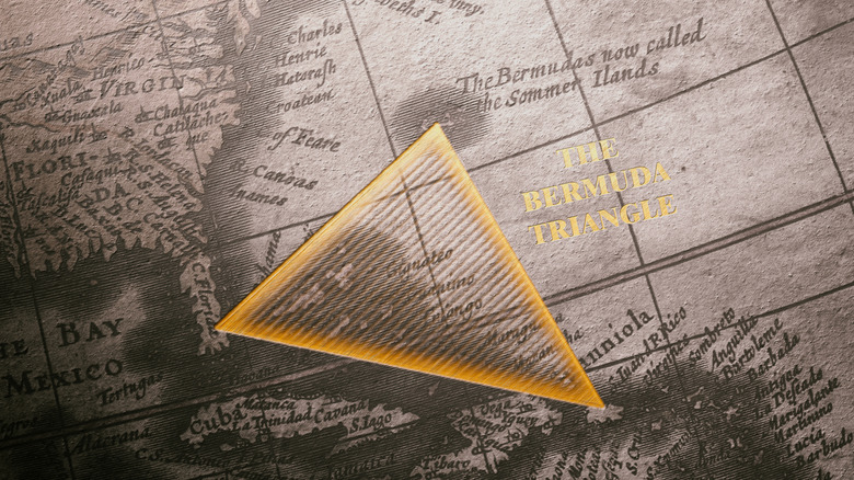 An aged-looking map with a yellow triangle superimposed alongside the legend "The Bermuda Triangle"