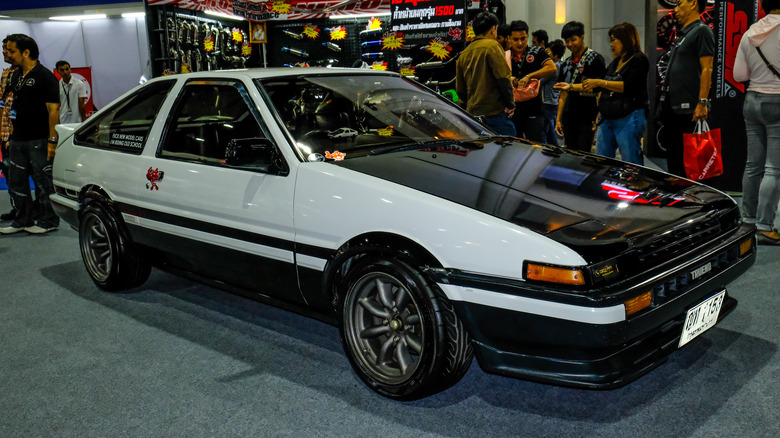 Black white Toyota AE86 Sprinter Trueno on display