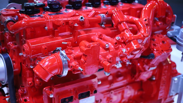 A close-up of Cummins' latest diesel engine on display at the Bharat Mobility Expo