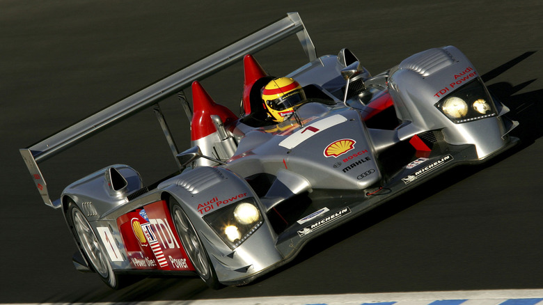 Front 3/4 view of Audi R10 on track