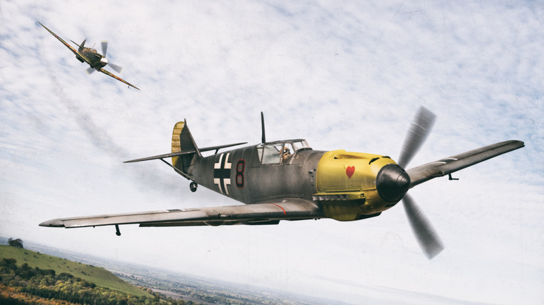 A British Spitfire fighter plane goes up against its German counterpart