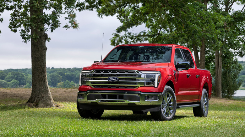 Front view of red Ford F-150 pickup parked on grass near lake.