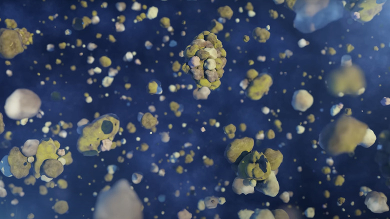 An animation of how dust and gases come together to form the building blocks of solar systems.