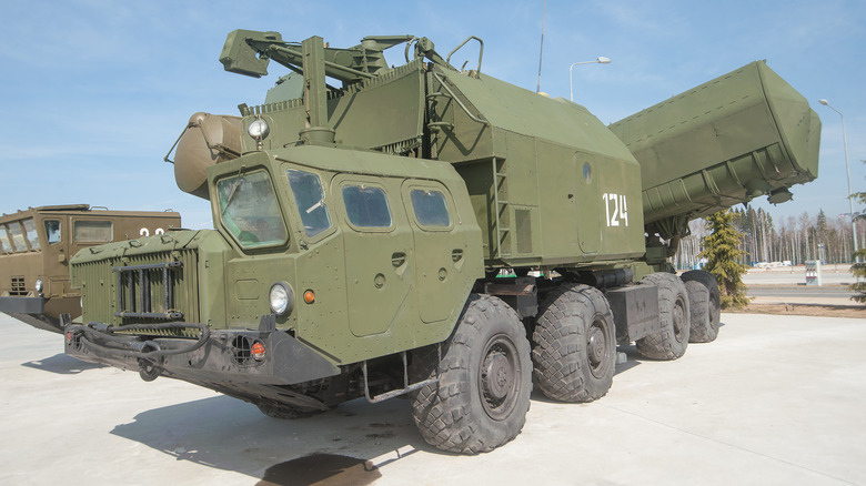 Soviet mobile coastal missile system "Rubezh" 4K51 (SSC-3 "Styx") in the new Park "Patriot", side view