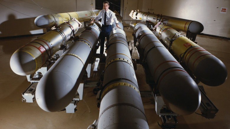 Tomahawk Cruise Missiles displayed on a metal rack