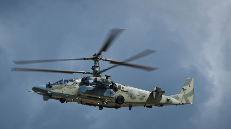 A Ka-52 Alligator helicopter in flight.