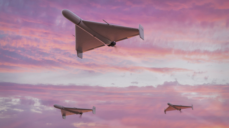 3D renders of Shahed drones flying.