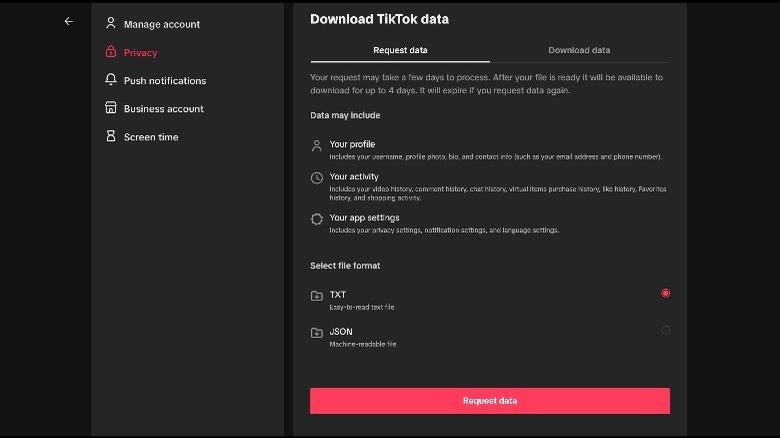 Download TikTok data screenshot