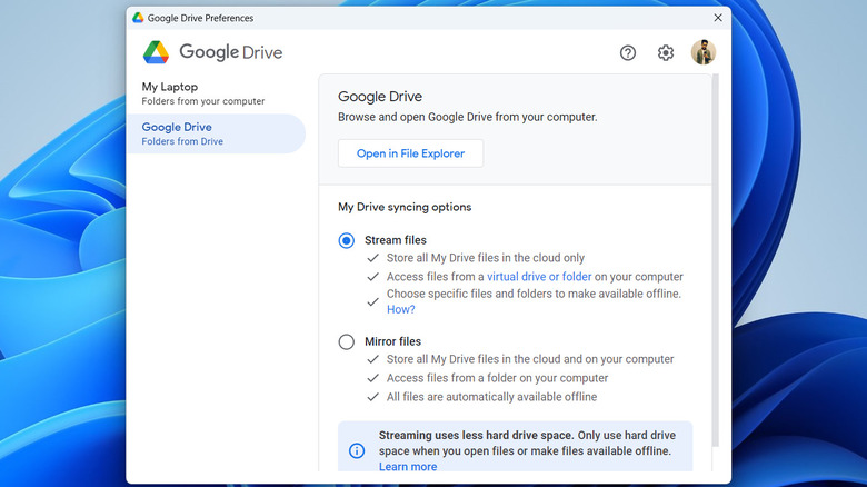 Stream or mirror files option in Google Drive for desktop