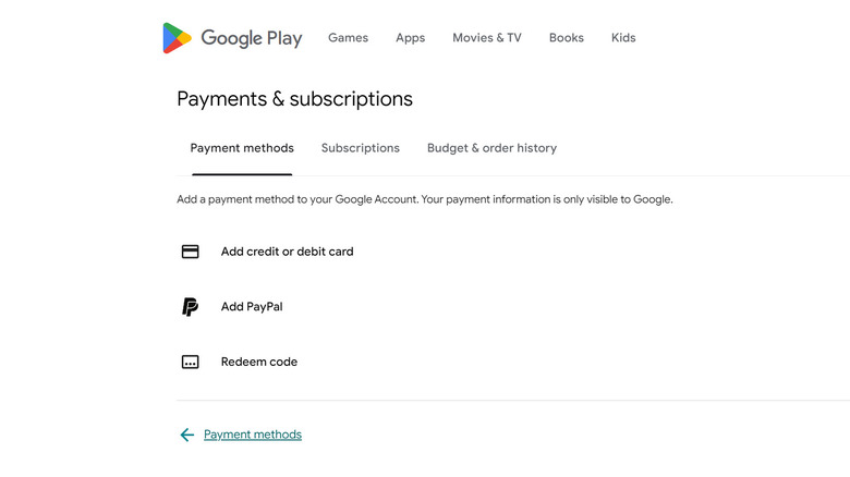 Google Play payment methods page