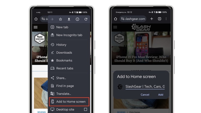 Chrome home screen website shortcut