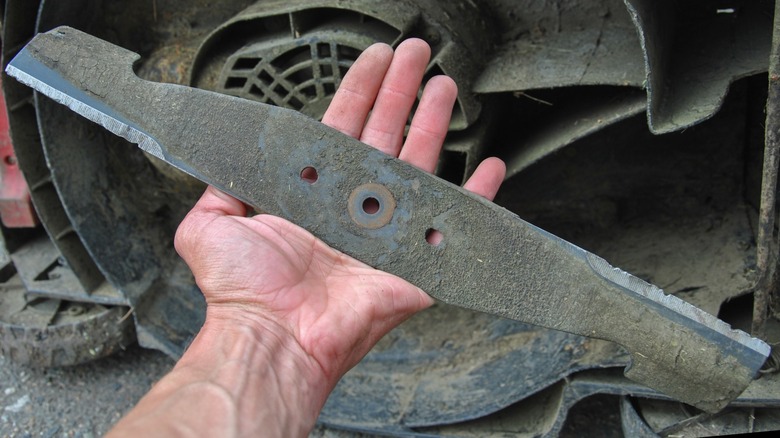 A lawn mower blade removed from the lawn mower.