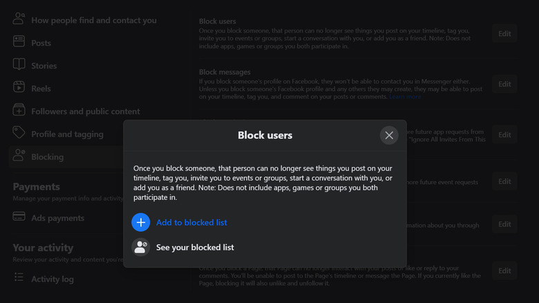 Facebook Block users dialog box