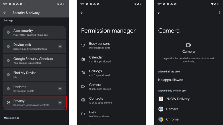 privacy, permission manager, and camera permissions on Android