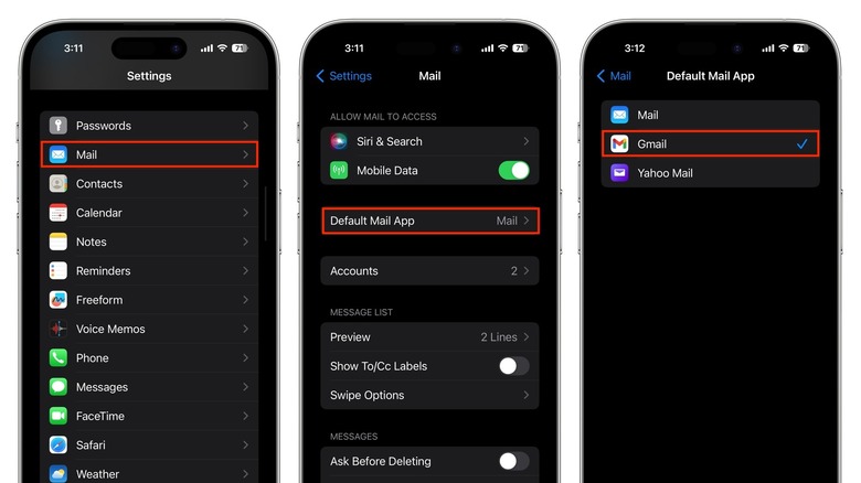 iPhone default email app settings menu