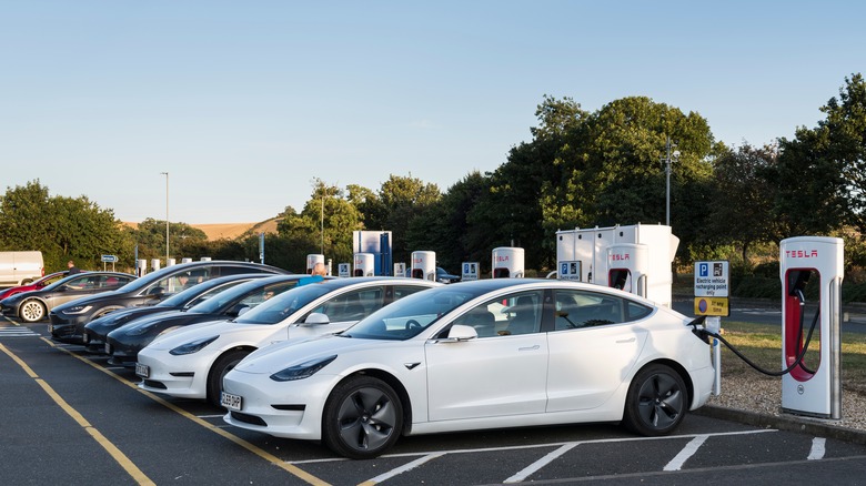 Teslas being charged